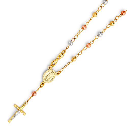 4mm Mirrorball Bead Our Lady of Guadalupe Rosary Bracelet in 14K Tricolor Gold