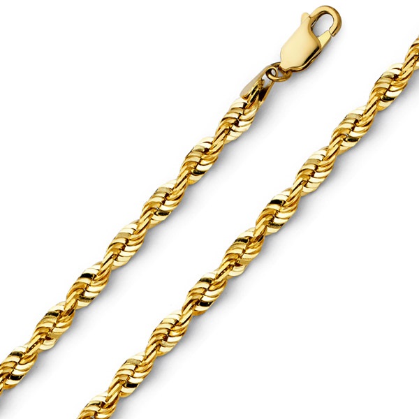 4mm 14K Yellow Gold Solid Men's Diamond-Cut Rope Chain Necklace 20-26in