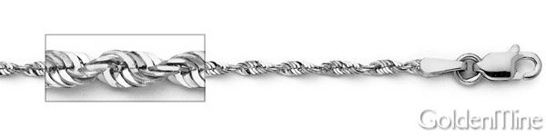 2mm 14K White Gold Solid Diamond-Cut Rope Chain Necklace 16-24in
