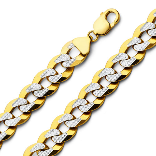 Men's 12.2mm 14K Two-Tone Gold Solid White Pave Curb Cuban Link Chain Necklace 22-26in