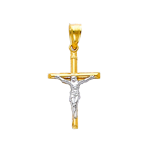 Small Rod Crucifix Pendant in Two-Tone 14K Yellow Gold