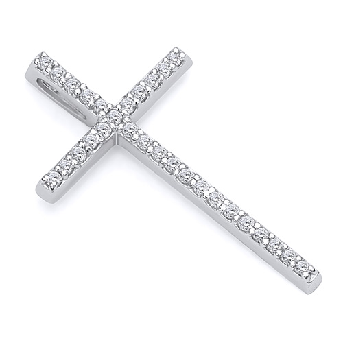 Small Round-Cut CZ Cross Pendant in 14K White Gold