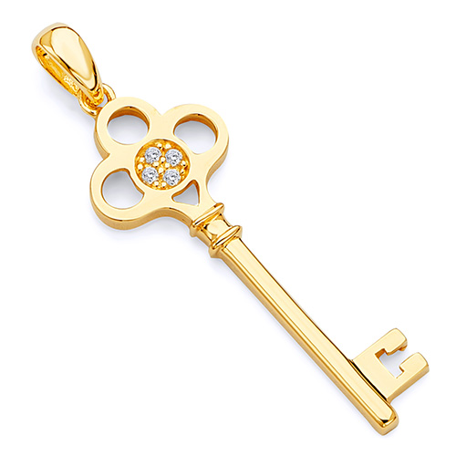 Clover Key Pendant with CZ Accents in 14K Yellow Gold - Small