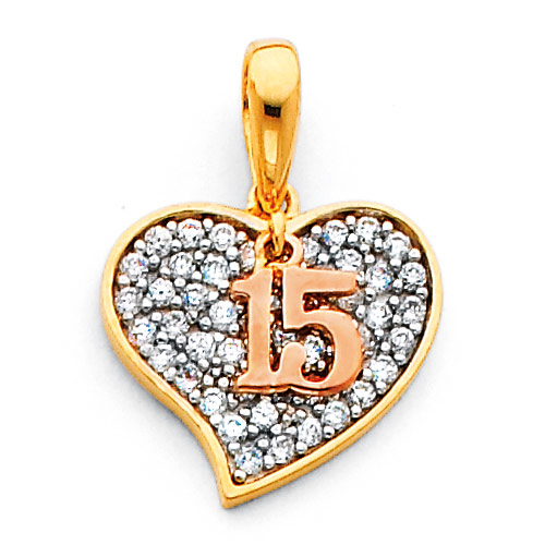 Quinceanera 15 Años CZ Heart Charm Pendant in 14K TriGold - Mini