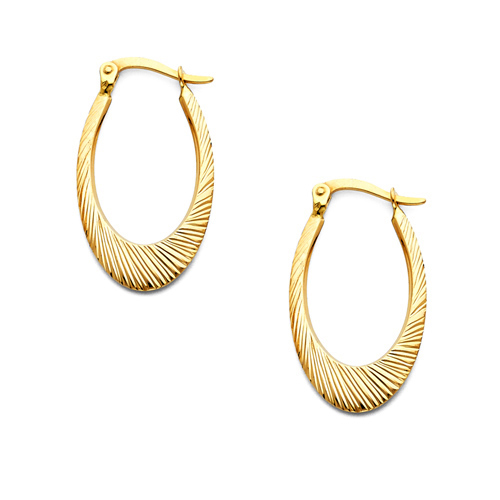 Diamond-Cut Smooth Medium Oval Hoop Earrings -  14K Yellow Gold