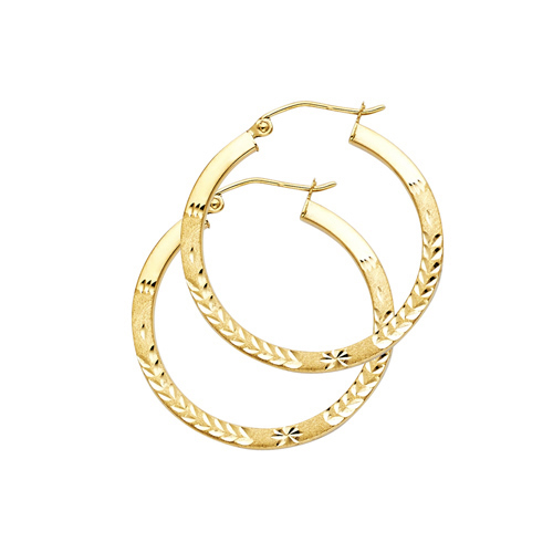 Diamond-Cut Flat Satin Medium Hoop Earrings - 14K Yellow Gold 1 inch