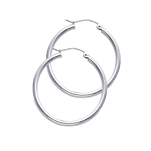 Polished Hinge Round Medium Hoop Earrings - 14K White Gold 2mm x 1.38 inch