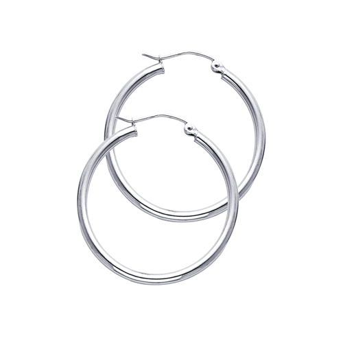 Polished Round Medium Hoop Earrings - 14K White Gold 2mm x 1.2 inch