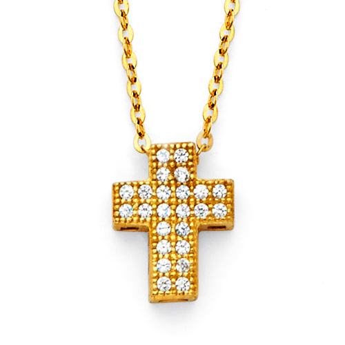 Floating Micropave Mini Cross Necklace in 14K Yellow Gold