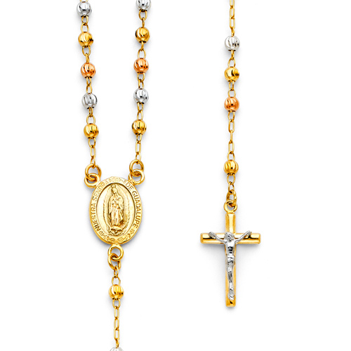 3mm Moon-Cut Bead Our Lady of Guadalupe Rosary Necklace in 14K Tricolor Gold 18in