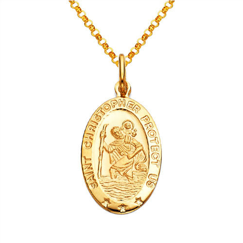 St. Christopher Oval Medal Necklace with Diamond-Cut Chain - 14K Yellow Gold (16-24in)
