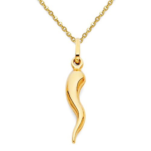 Small Cornicello Italian Horn Necklace with Diamond-Cut Cable Chain - 14K Yellow Gold (16-22in)