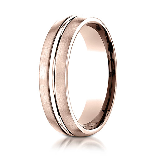 6mm Polished Stripe Center Satin Domed Wedding Band by Benchmark in 14K Rose Gold