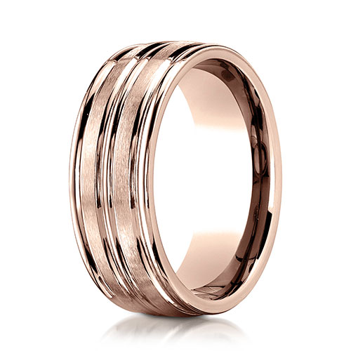 8mm Domed Striped Satin Wedding Band by Benchmark Rings in 14K Rose Gold
