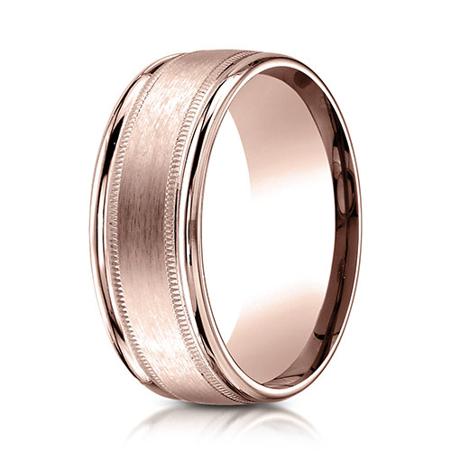8mm Satin Center Duo Milgrain Comfort-Fit Wedding Band by Benchmark 14K Rose Gold