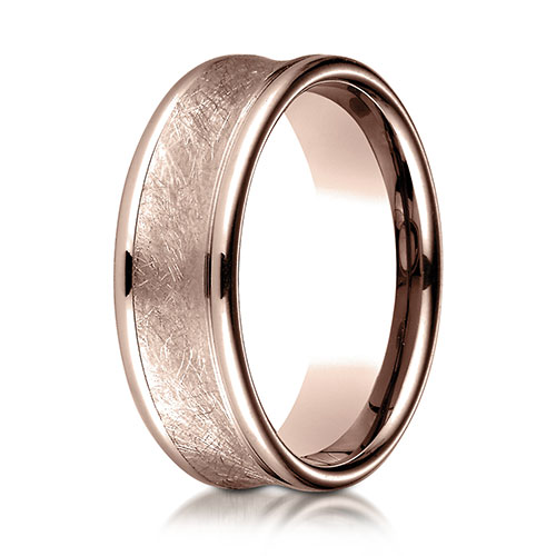 7.5mm 14K Rose Gold Swirled Brushed Concave Wedding Band by Benchmark Rings
