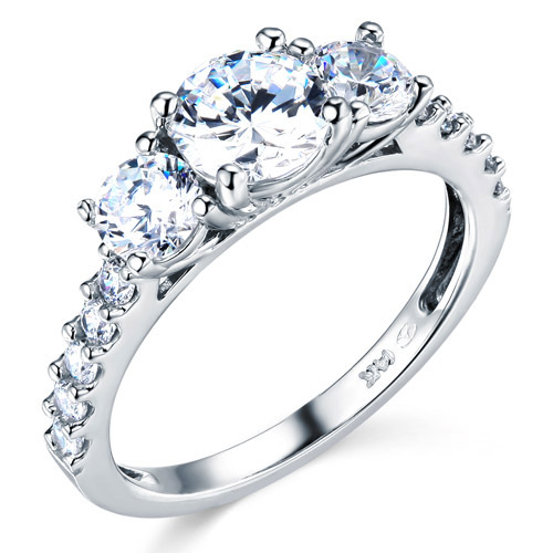 3-Stone Round-Cut with Side Stones CZ Engagement Ring in 14K White Gold 1.75ctw