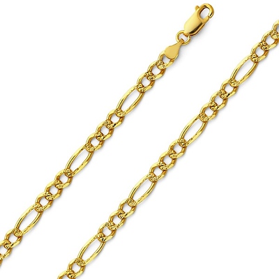 4mm 14K Yellow Gold Solid Pave Figaro Link Chain Necklace 18-24in