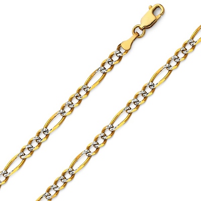 4mm 14K Two-Tone Gold Solid White Pave Figaro Link Chain Necklace 18-24in