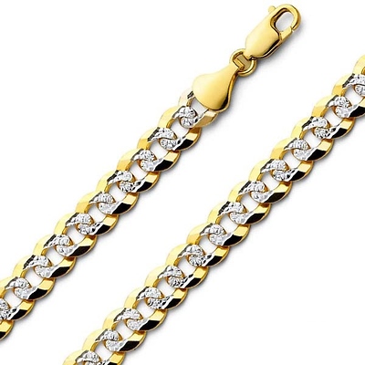 8mm 14K Two-Tone Gold Men's White Pave Curb Cuban Link Chain Necklace 20-26in