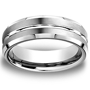 8mm Dual-Finish Ridged Beveled Designer Wedding Band in Solid 18K White Gold