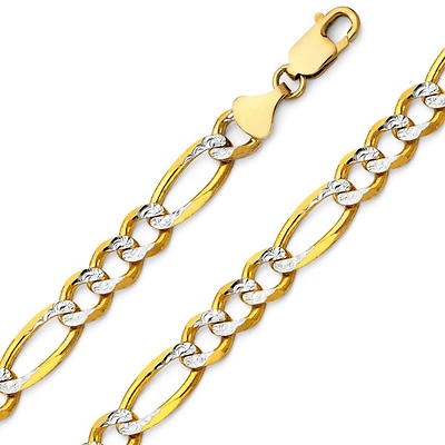 8.5mm 14K Two-Tone Gold Solid Men's Pave Figaro Link Chain Necklace 22-26in