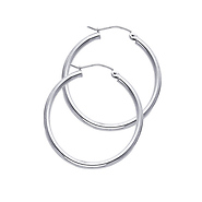 Polished Hinge Round Medium Hoop Earrings - 14K White Gold 2mm x 1.38 inch