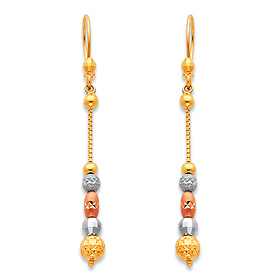 Long 5-Beaded Diamond-Cut Dangle Earrings in 14K TriGold 50mm