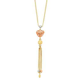 Heart Charm Box Link Hanging 14K Tricolor Gold Tassel Necklace