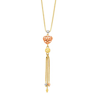 Heart Charm Box Link Hanging 14K Tricolor Gold Tassel Necklace