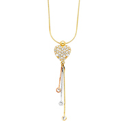 CZ Heart Charm Hanging Tassel Necklace in 14K Tricolor Gold