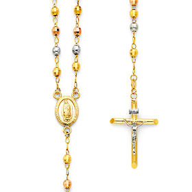 4mm Mirrorball Bead Our Lady of Guadalupe Rosary Necklace in 14K Tricolor Gold 26in