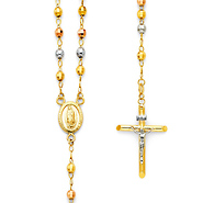 4mm Mirrorball Bead Our Lady of Guadalupe Rosary Necklace in 14K Tricolor Gold 26in