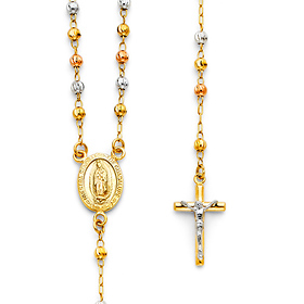 3mm Moon-Cut Bead Our Lady of Guadalupe Rosary Necklace in 14K Tricolor Gold 18in