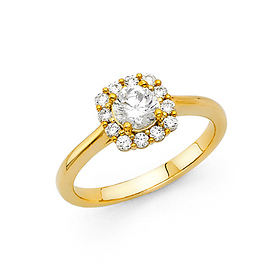 Round Halo Double-Prong Cathedral CZ Wedding Ring in 14K Yellow Gold