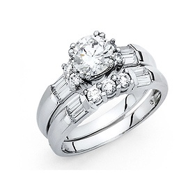 Double-Prong Round & Bar-Set 1.25CT CZ Engagement Ring Set in 14K White Gold