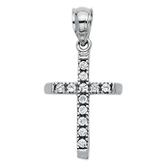 Petite Beveled Edge Slender CZ Cross Pendant in 14K White Gold