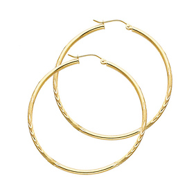 14K Yellow Gold Medium Hoop Earrings with Satin Diamond-Cut - 2mm x 1.3 inch