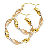 14K Tricolor Gold Medium Twisted Satin Polished Hoop Earrings - 4mm x 0.9 inch