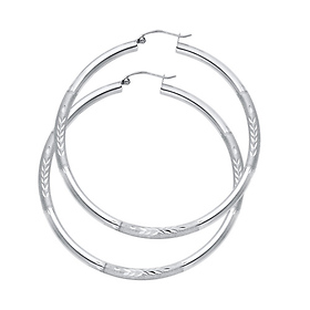 Large High Polished & Satin Hoop Earrings - 14K White Gold 3mm x 2.1 inch