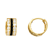 14K Yellow Gold Onyx Channel-Set CZ Huggie Hoop Earrings