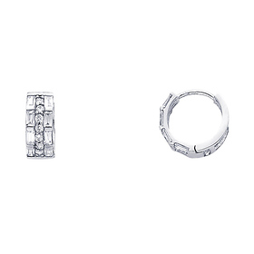 14K White Gold Baguette & Round CZ Huggie Earrings 6mm x 13mm