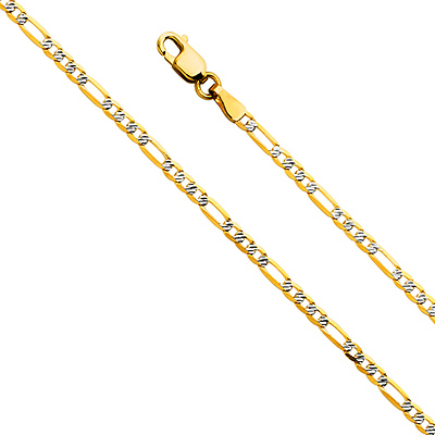 2.5mm 14K Yellow Gold Solid Figaro 3+1 Fancy White Pave Chain Necklace 16-24in