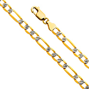 4.7mm 14K Yellow Gold Solid Figaro 3+1 Fancy White Pave Chain Necklace 18-26in