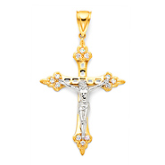 Tapered Budded Crucifix Pendant with CZ Accents in 14K Two-Tone Gold XL