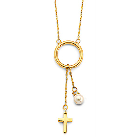 Christian Cross Pearl Lariat Necklace - 14K Yellow Gold Solid