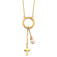 Christian Cross Pearl Lariat Necklace - 14K Yellow Gold Solid