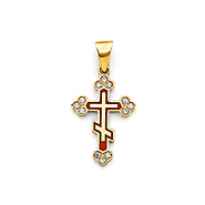 Red Orthodox Budded Cross Pendant in 14K Yellow Gold Solid