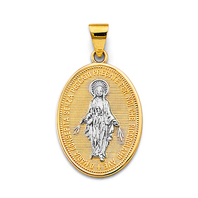 Oval Textured Our Lady of Grace Miraculous Medal Pendant in 14K Two-Tone Gold Solid