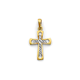 Diamond-Cut White Center Byzantine Cross Pendant in 14K Two-Tone Gold Solid - Mini